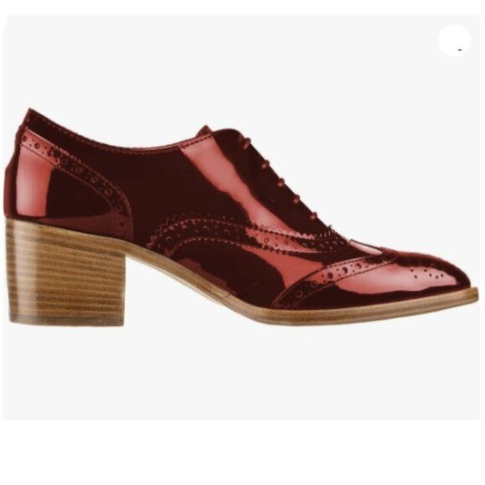 FOWT Women's Perforated Lace-Up Oxfords Almond Toe Mid Chunky Heel Brogues Red